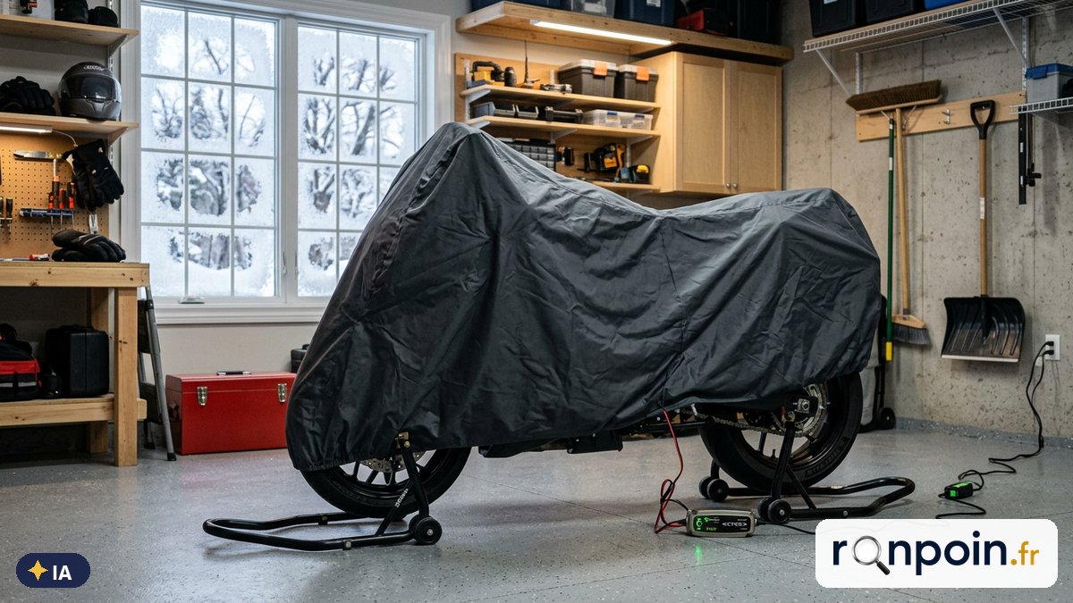Image générée par intelligence artificielle Moto sous housse dans un garage l'hiver, chargeur de batterie branché et béquille d'atelier — illustration générée par IA