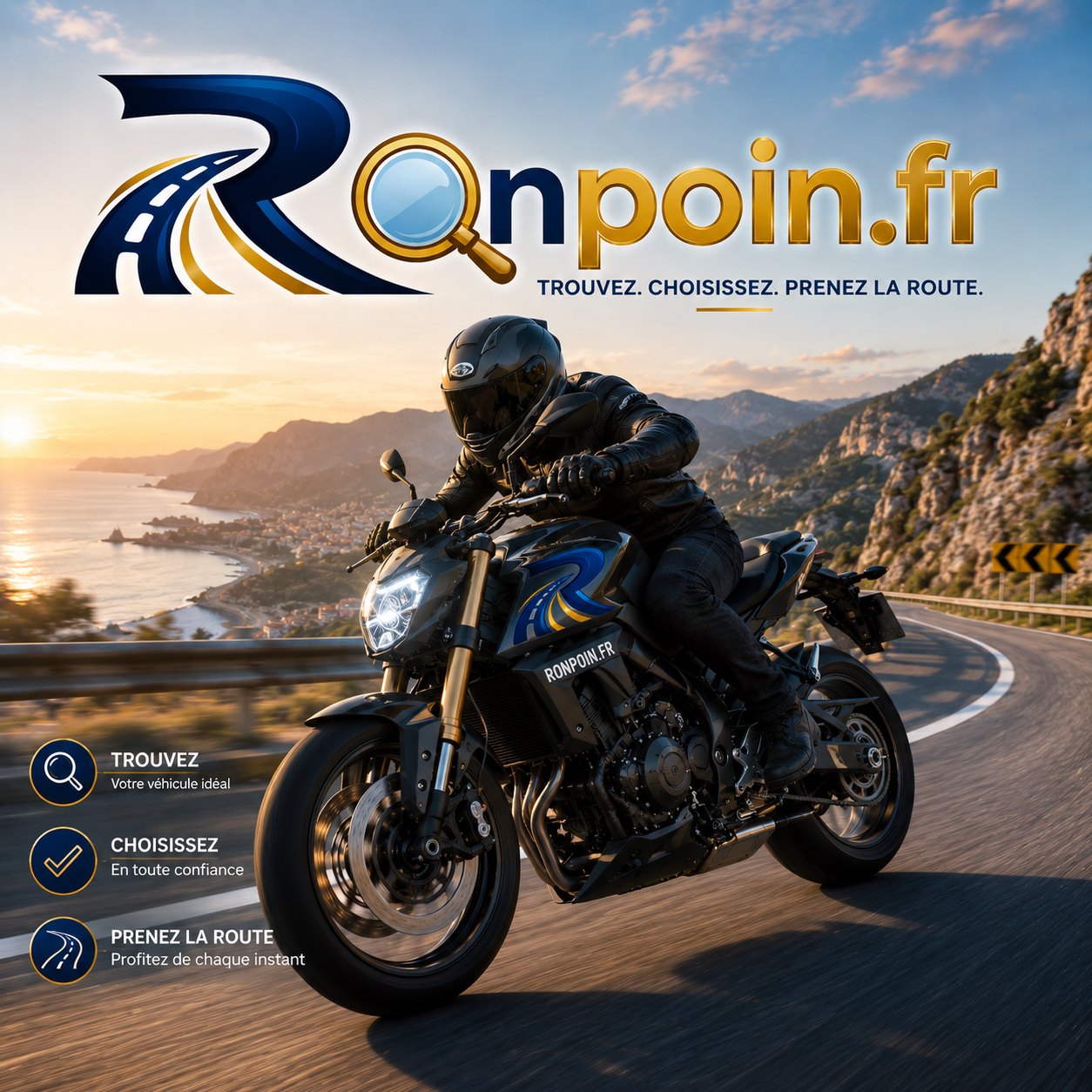 Motard sur une route de montagne au coucher du soleil