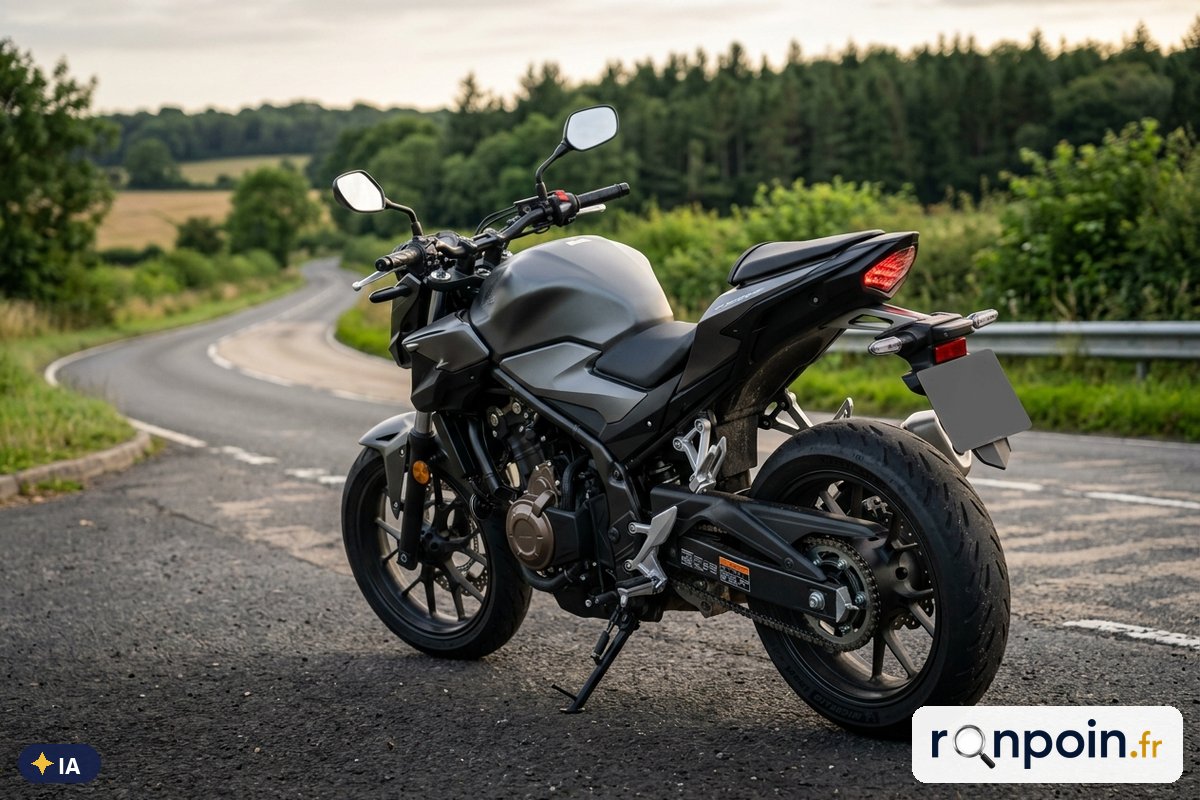 Honda CB500F grise de trois quarts arrière — illustration générée par IA