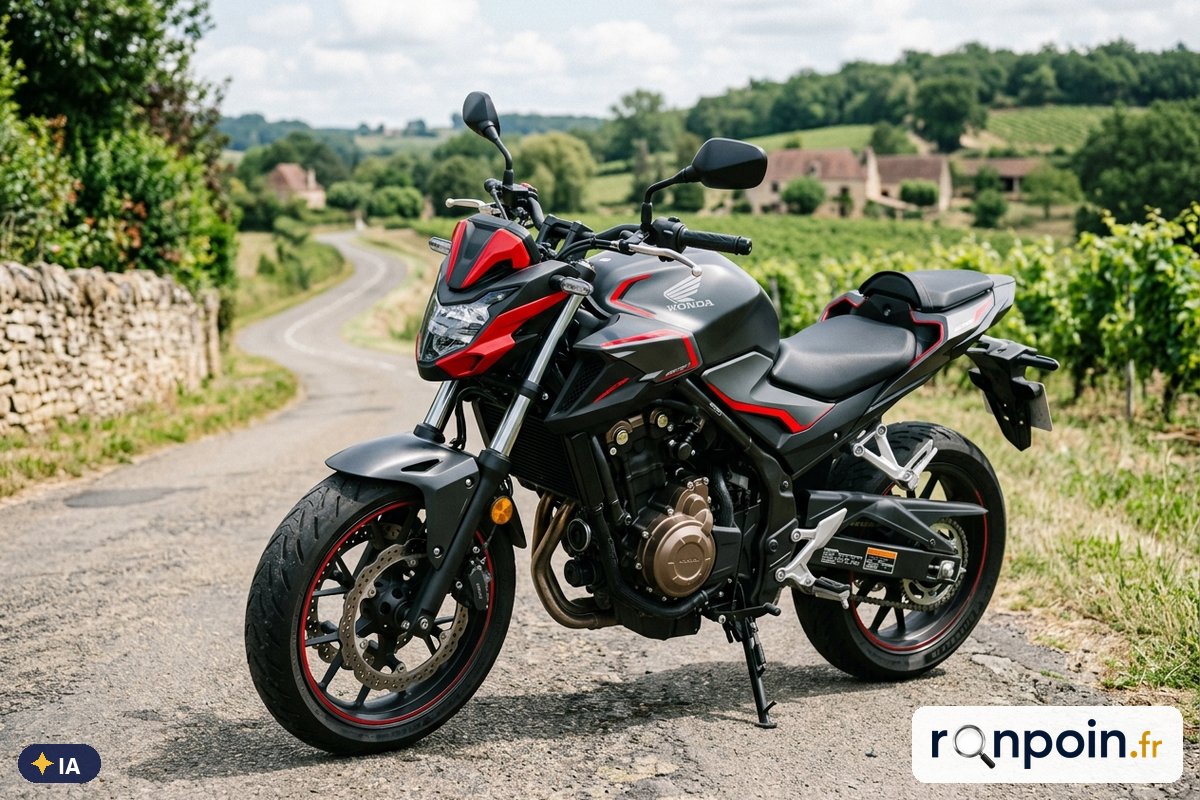 Image générée par intelligence artificielle Honda CB500F grise de trois quarts avant — illustration générée par IA