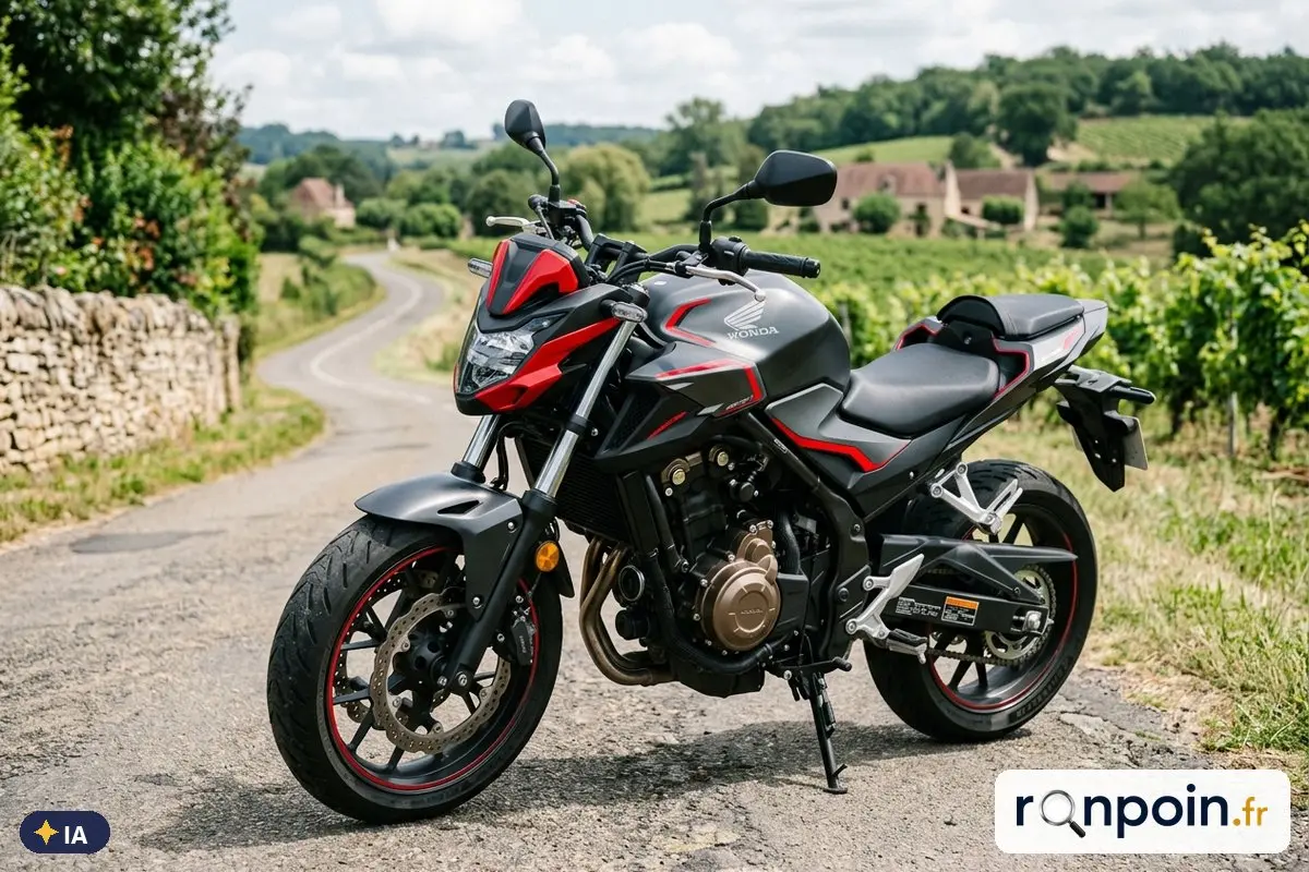 Image générée par intelligence artificielle Honda CB500F grise de trois quarts avant — illustration générée par IA