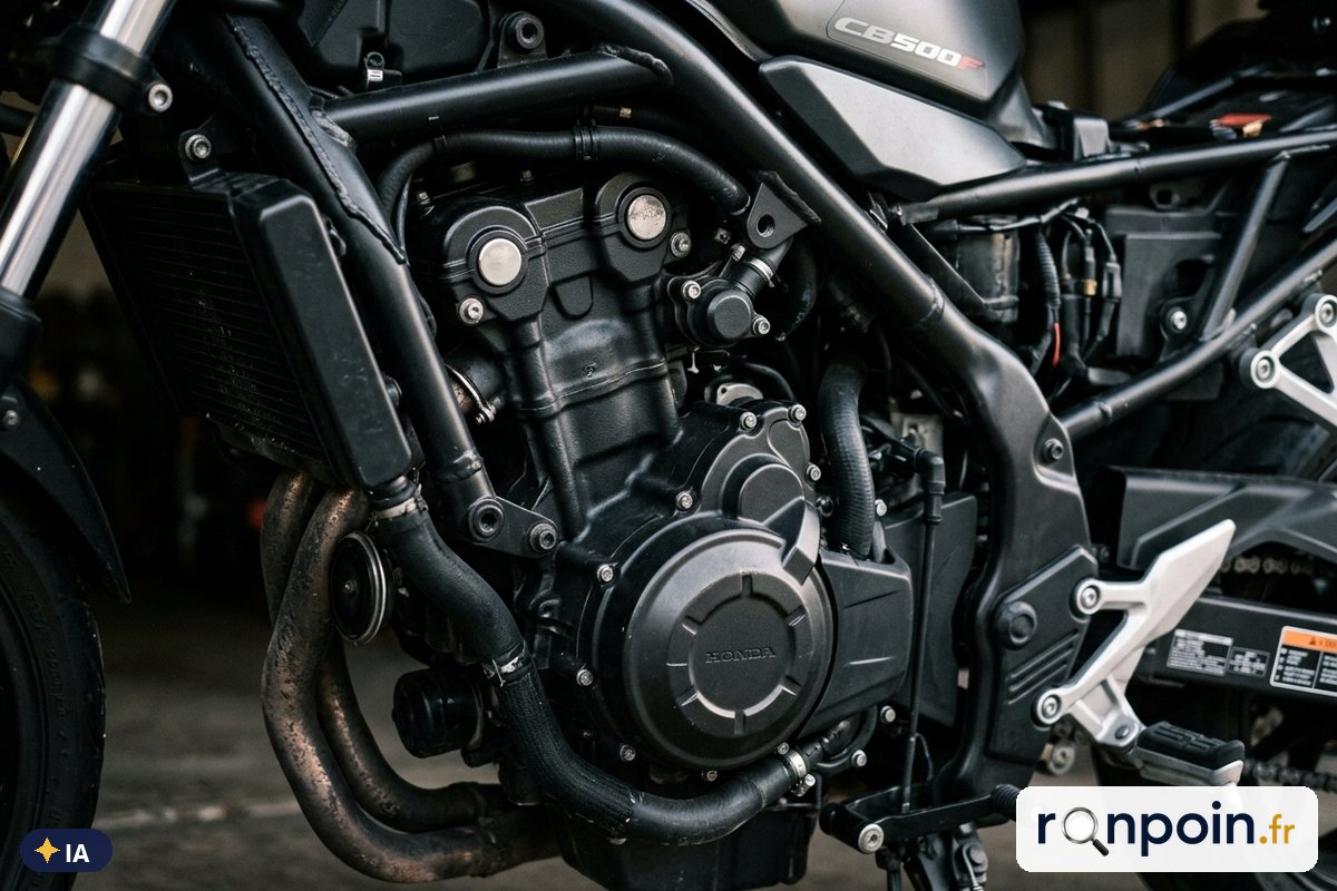 Moteur bicylindre 471 cm³ d'une Honda CB500F — illustration générée par IA