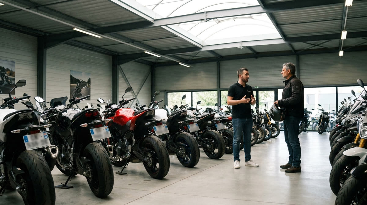Showroom de motos d'occasion avec un vendeur conseillant un client casque sous le bras