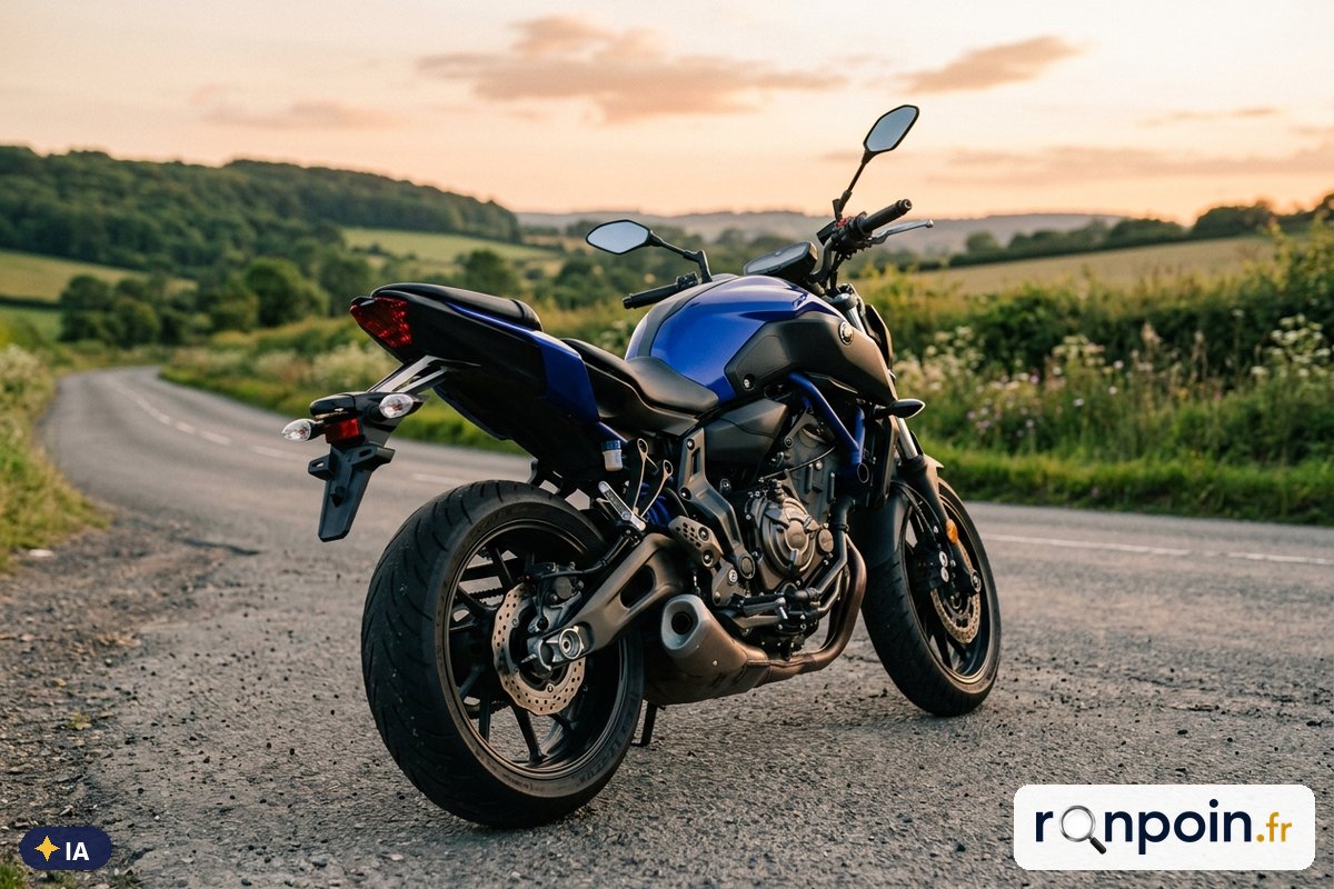 Yamaha MT-07 bleue de trois quarts arrière — illustration générée par IA