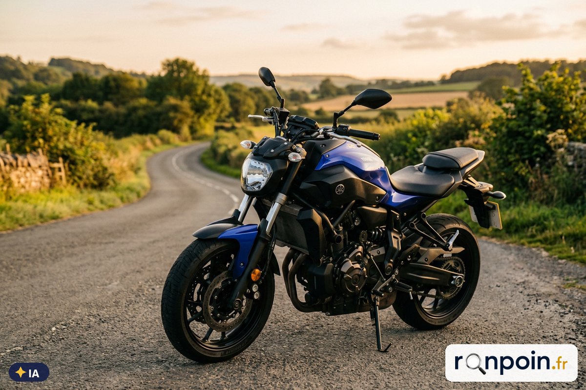 Image générée par intelligence artificielle Yamaha MT-07 bleue de trois quarts avant sur une route de campagne — illustration générée par IA