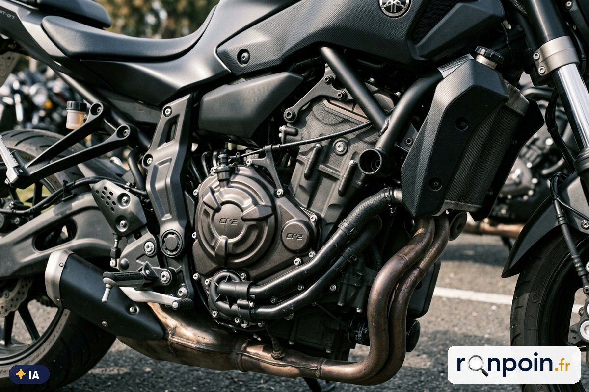 Moteur bicylindre 689 cm³ d'une Yamaha MT-07 — illustration générée par IA