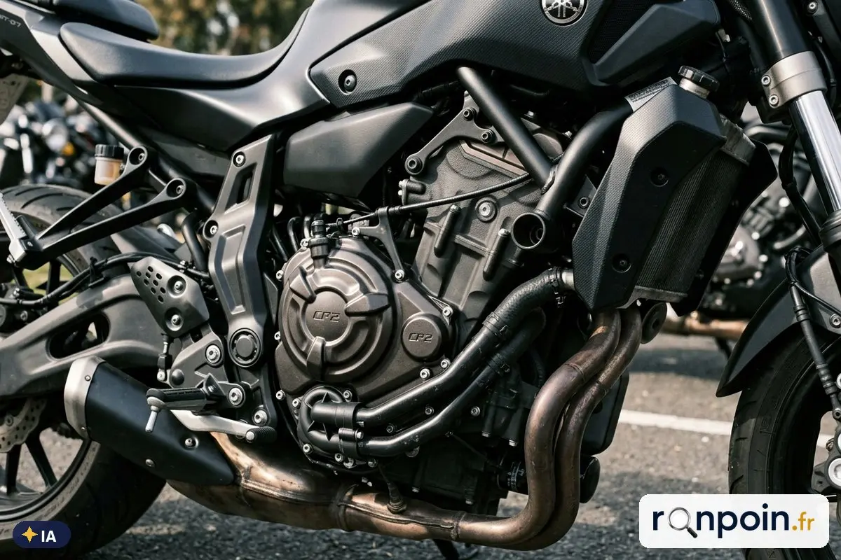 Moteur bicylindre 689 cm³ d'une Yamaha MT-07 — illustration générée par IA