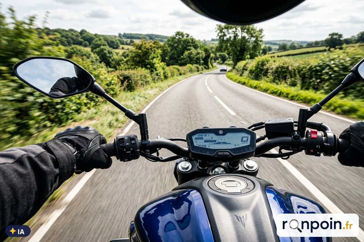 Poste de pilotage d'une Yamaha MT-07 : guidon et tableau de bord LCD — illustration générée par IA